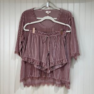 POL Pink High Low Velvety Lace Ruffle Top Short Lounge set NWOT
